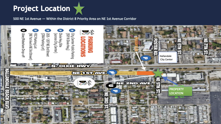 D8 Plaza project location map showing 500 NE 1st Avenue within District 8 Priority Area, with nearby parking locations