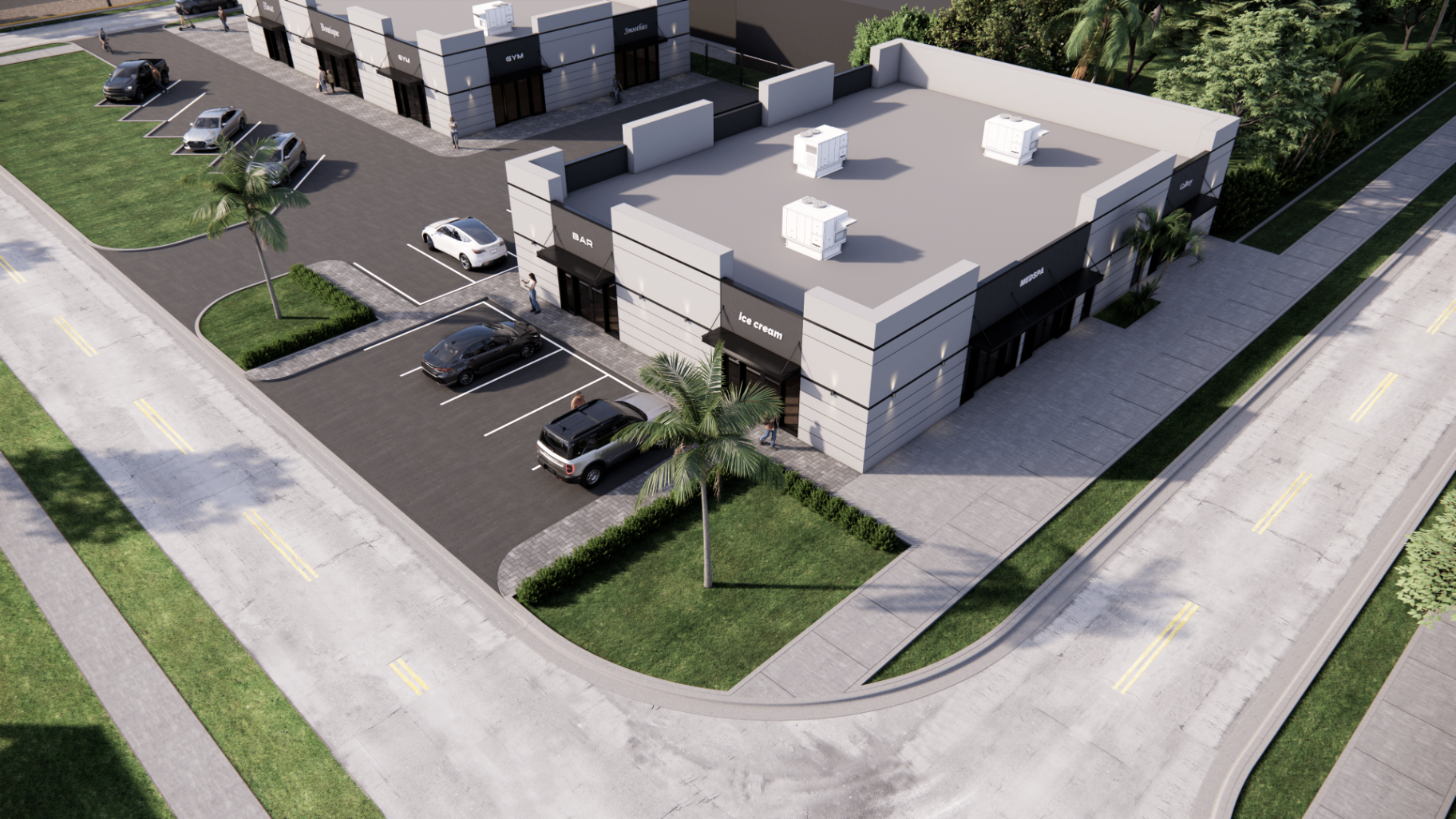 Corner aerial rendering of D8 Plaza showing street visibility and parking access