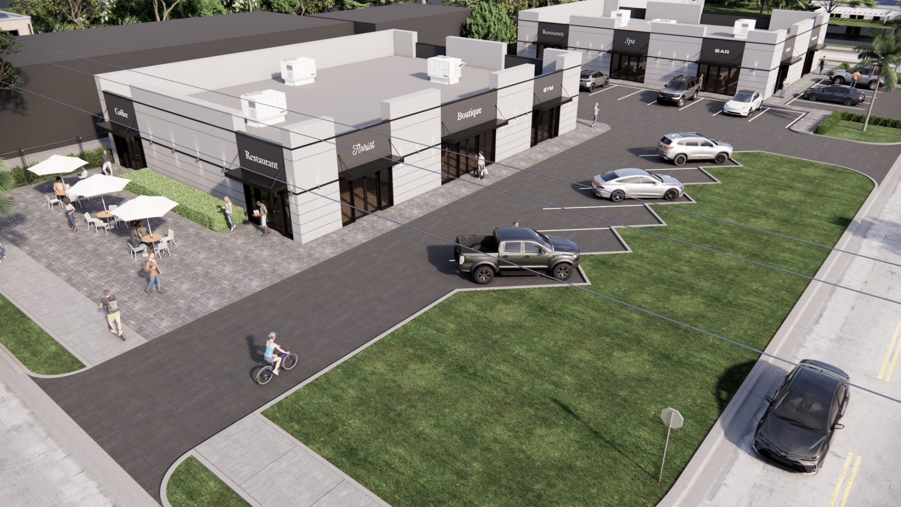 Aerial rendering of D8 Plaza showing building layout, patio, and parking