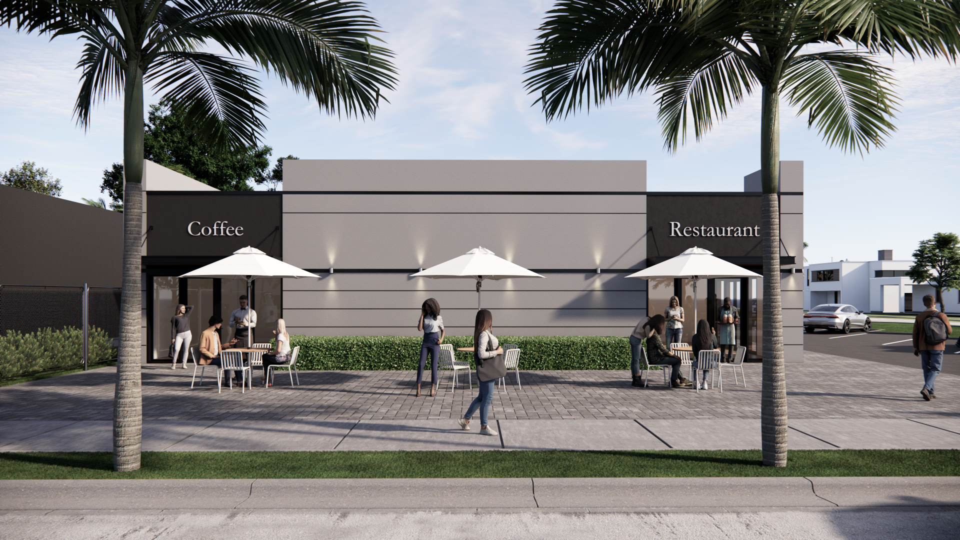 Frontage view of D8 Plaza with coffee and restaurant patio seating