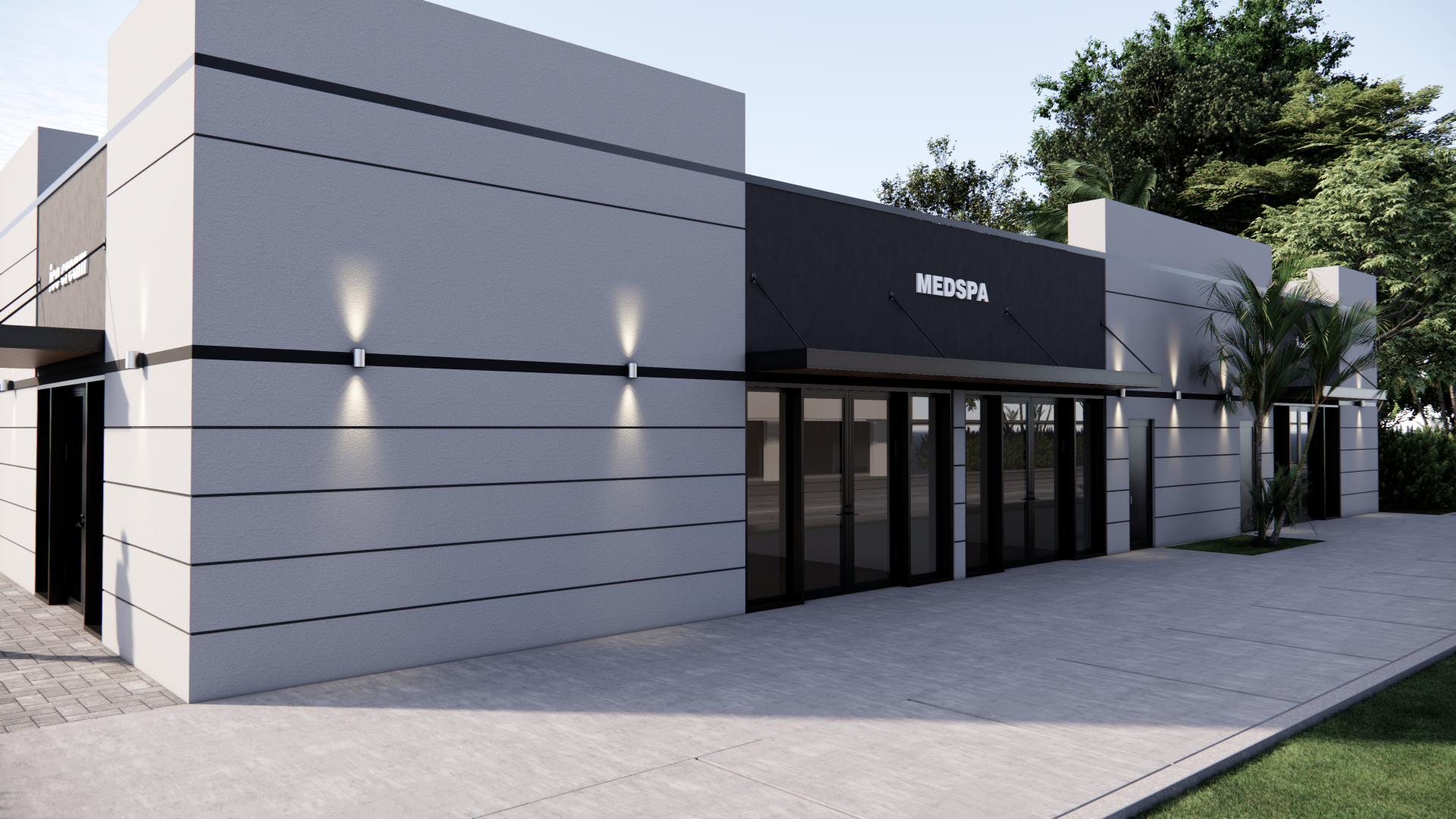 Close-up rendering of D8 Plaza medspa storefront and façade detailing