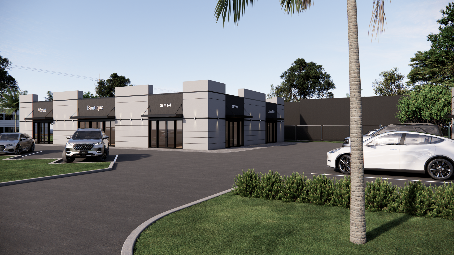 Retail storefront rendering of D8 Plaza showing boutique and gym bays